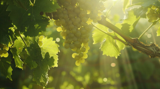 Sunlit Grape Cluster Close-Up, Harvest time, a stage in the wine-making process, les vendanges, grape harvesting, a seasonal job.