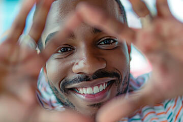 Portrait of smiling black afro american man putting hands in front of the camera to frame or prevent the picture because he is a shy male model
