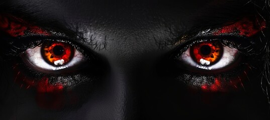 Wall Mural - two vibrant red female devil eyes staring directly at the viewer on a black background.