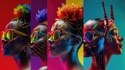 five portraits of black women with colorful face paint and sunglasses, set against a vibrant backgro