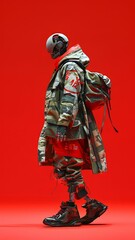 Wall Mural - Cyborg Yakuza With jacket On Red Background
