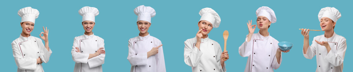 Poster - Collage with photos of professional chef on light blue background