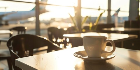 Wall Mural - Close-up of coffee cup on airport cafe table, sharp focus, morning light, no people 