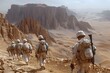 © D - A group of soldiers with weapons are walking through the desert.