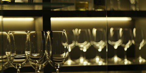 Poster - Close-up of wine glasses on shelf in airport bar, dim evening light, no humans 