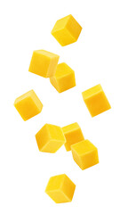 Wall Mural - falling mango cube isolated on white background, full depth of field