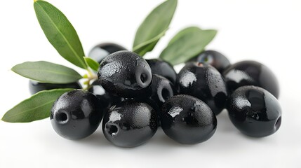 Wall Mural - Fresh black olives with green leaves. Perfect for culinary use. Minimalist style food photography. AI
