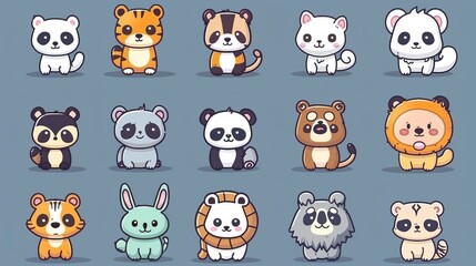 Wall Mural - This cute cartoon set includes pandas, tigers, cats, rabbits, sloths, pugs, lions, zebras and koalas.