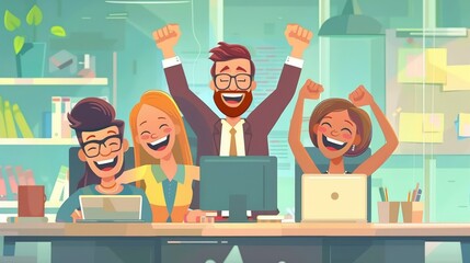 The triumph of a lucrative deal or victory of a happy office worker. A flat modern cartoon illustration depicting happiness and joy.