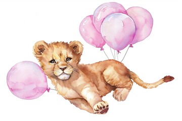 Wall Mural - Watercolor Clipart Cute Nursery Lion Cub Floating from a Pack of Pink Balloons