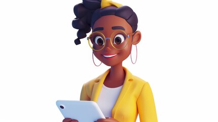 An animated 3D illustration of a happy smiling black businesswoman standing holding a tablet computer on a white and transparent background. The cartoon character is generated by computer vision