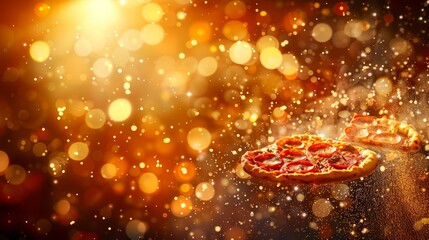  Two small pizzas on a wooden table Neighboring pizzas facing forward, background featuring soft, blurred light