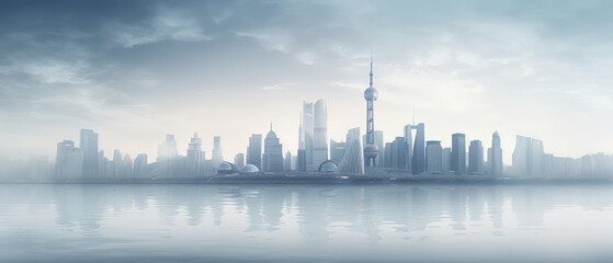 Poster - Foggy Urban Skyline with Water Reflection