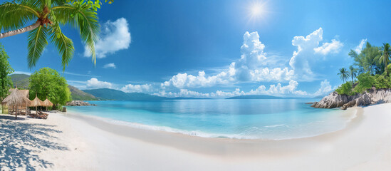 Wall Mural - panorama of beautiful tropical beach with white sand, turquoise ocean and blue sky with clouds and s