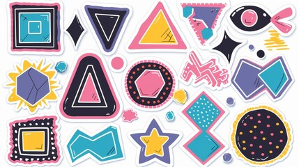 Poster - Trendy color sticker set. Naive playful label shapes. Retro patch cartoon set. Catchphrase sign, Groovy text slogan. Geometric element. Brutalism aesthetic. Flat modern illustration.