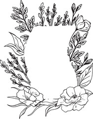 Vector black ink, wave framing, sketch floral frame with flowers and leaves. Template space for text. Greeting cards, invitation, gender party, baby shower, birthday, event, holiday, wedding card, pri