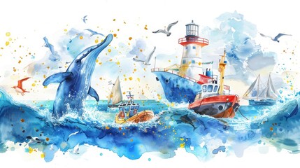 Wall Mural - A watercolor composition of children playing with water transport, including ships, boats, submarines, yachts, sailboats, lighthouses, whales, dolphins, steering wheels, seagulls, and sprays