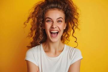 Wall Mural - Happy woman curly hair white shirt yellow background