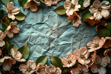 Canvas Print - Blue paper depicting flowers and leaves