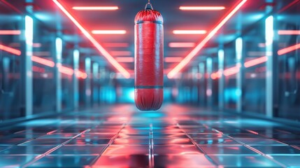 Wall Mural -  In the room, a red punching bag suspends from the ceiling Surrounding it are red and blue mosaic tiles underfoot, and above, neon lights cast an intense