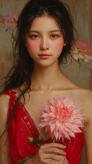 Wall Mural - classic art portrait of an asian woman in red dress holding pink dahlia flower