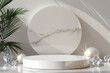 © YULIYA - 3d white marble podium for product presentation with green palm leaf and diamonds.