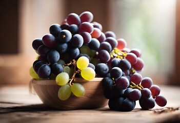 Poster - AI-generated illustration of a bowl on a table filled with assorted grapes