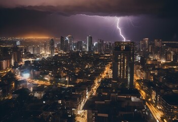 Wall Mural - a city with lots of lightning at night time under an overcast sky