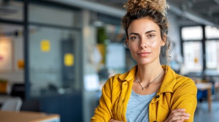  A woman, arms crossed, stands before a room filled with windows Wearing a yellow jacket, she gazes at the camera, one shoulder encircled by its yellow fabric