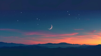 Crescent moon and star on panoramic dark blue twilight sky for ramadan kareem, eid mubarak, eid al-adha, eid al-fitr, and islamic new year background design