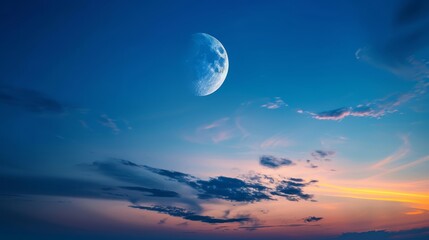 Wall Mural - Crescent moon in twilight sky after sundown with ample space for text, ideal for arabic islamic themes such as ramadan kareem, eid al-fitr, and eid al-adha celebrations