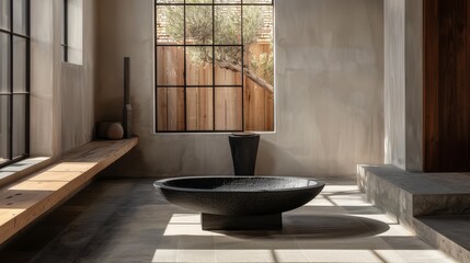 Wall Mural -  A black bowl sits on the window sill in a room, before a wooden bench The window reveals a wooden slatted wall beyond