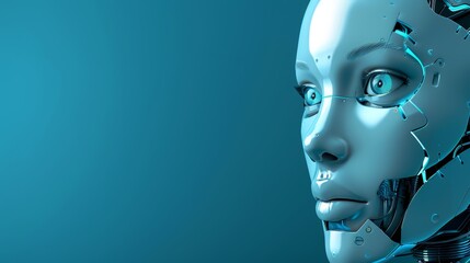 Wall Mural -  A woman's face is superimposed against a blue backdrop, with a robot head in the foreground and another robot face inserted in the middle