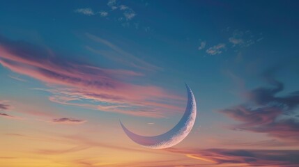 Wall Mural - Crescent moon in twilight sky after sundown with ample space for text, ideal for arabic islamic themes such as ramadan kareem, eid al-fitr, and eid al-adha celebrations