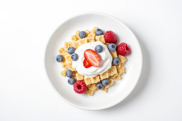 Wall Mural - Waffles with Whipped Cream and Berries on White Plate