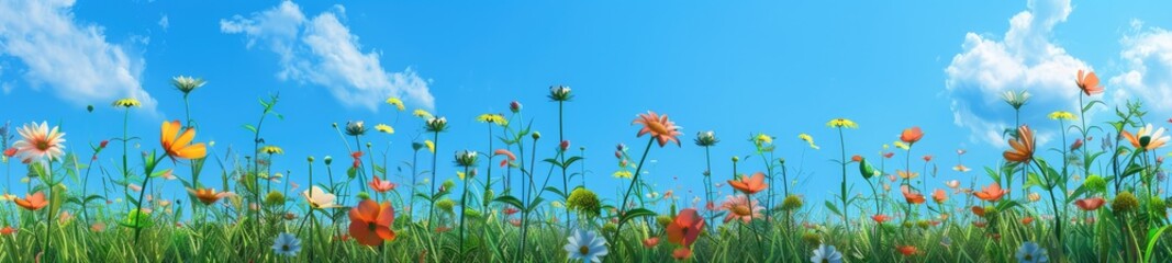 3D Cartoon Landscape with Grassy Meadow and Flowers