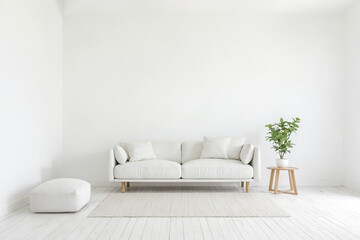 Wall Mural - Minimalist living room with white sofa and wooden side table