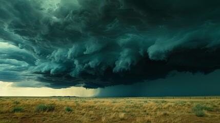 Wall Mural -  A large storm cloud looms over a dry grass field, foregrounded by tall grass and a solitary horse