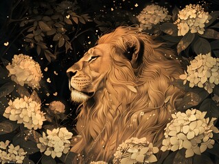 Wall Mural - Majestic Lion Basking in the Warmth of the Sun Amidst a Vibrant Hydrangea-Filled Clearing