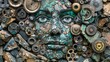 © Mikus - A close-up of a face formed from various clock face parts on a mound of rocks and metal scraps, including stones