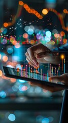 A detailed financial chart displayed on a tablet, held by a business professional in a sleek office environment, showing asset management and cost analysis with vibrant graphs and data points