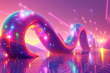 A vibrant, multicolored 3D abstract serpent glows with dynamic energy on a reflective surface against a futuristic, illuminated skyline.