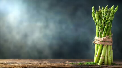 Wall Mural - A bunch of fresh green asparagus tied neatly to a wooden plank with twine