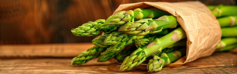 Wall Mural - Green asparagus bundled in brown paper packaging, fresh produce concept