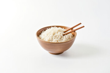 Wall Mural - White Rice in a Wooden Bowl with Chopsticks