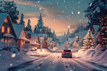 A luxury sedan cruising through a picturesque snowy village, passing by quaint cottages adorned with festive holiday decorations.