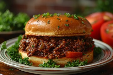 Sloppy Joes - Sloppy Joe sandwich with ground beef in a tangy sauce.