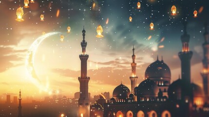 Eid al-adha mubarak celebration: colorful silhouettes of people praying against a beautiful sunset sky, symbolizing spiritual unity and festive joy