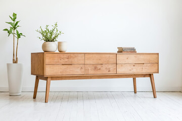 Wall Mural - Wooden dresser with four drawers in a white room