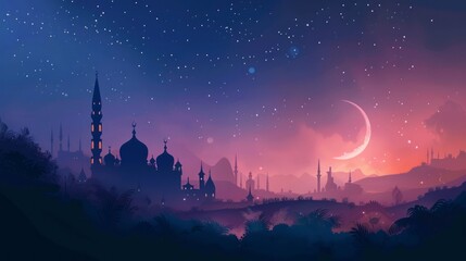 Eid al-adha mubarak celebration: colorful silhouettes of people praying against a beautiful sunset sky, symbolizing spiritual unity and festive joy